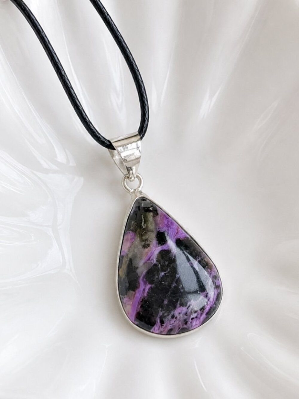 Large 925 Sterling Silver Charoite Pendant Necklace